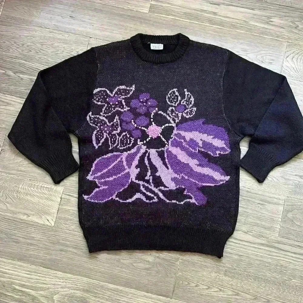 Sara Valentino | Vintage Black and Purple Wool Blend Knit Sweater Size M/L